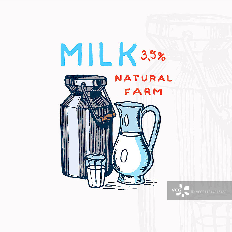 牛奶罐标签水壶和玻璃复古标志图片素材