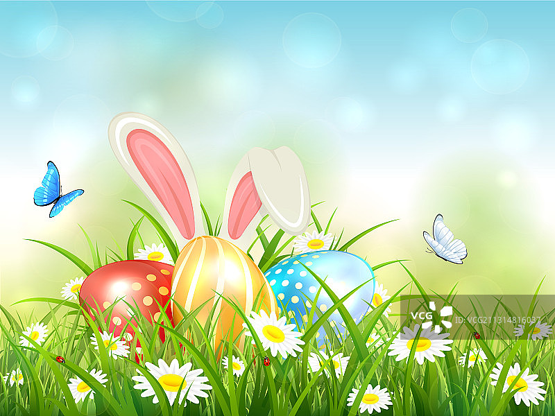 蓝色背景，兔子和复活节彩蛋图片素材