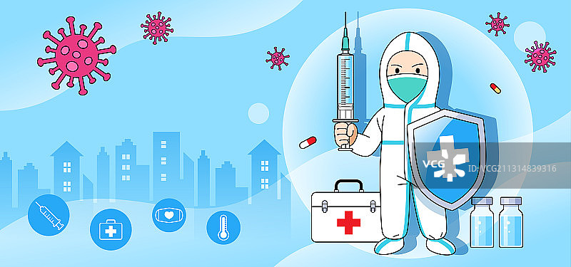 一个拿着盾牌针筒的医生和药箱病毒等图片素材