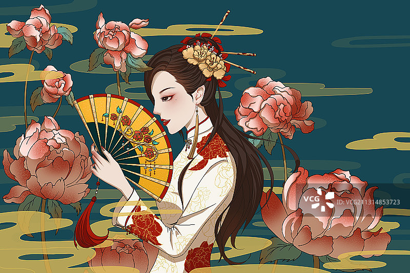 容貌艳丽的女性和牡丹花女神节插画图片素材