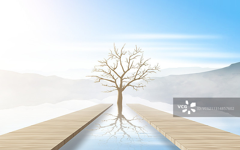 在湖中的栈桥和一颗枯树图片素材