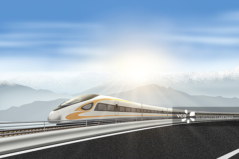 雪山下的高速列车和道路图片素材