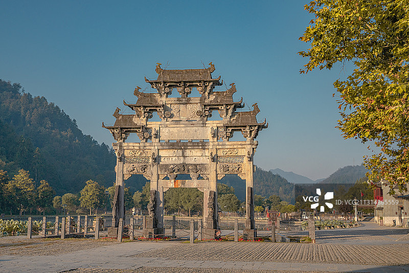 黄山，西递，牌坊，日出图片素材