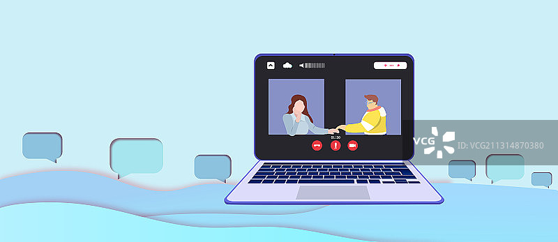 和女孩视频通话云聚会的插画图片素材