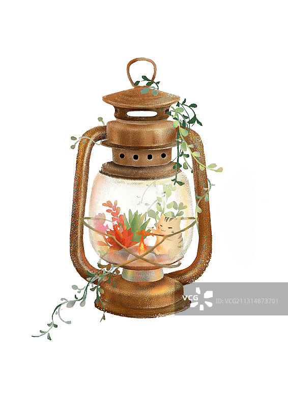 复古油灯与小猫图片素材