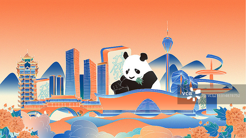 成都地标建筑群扁平噪点渐变插画图片素材