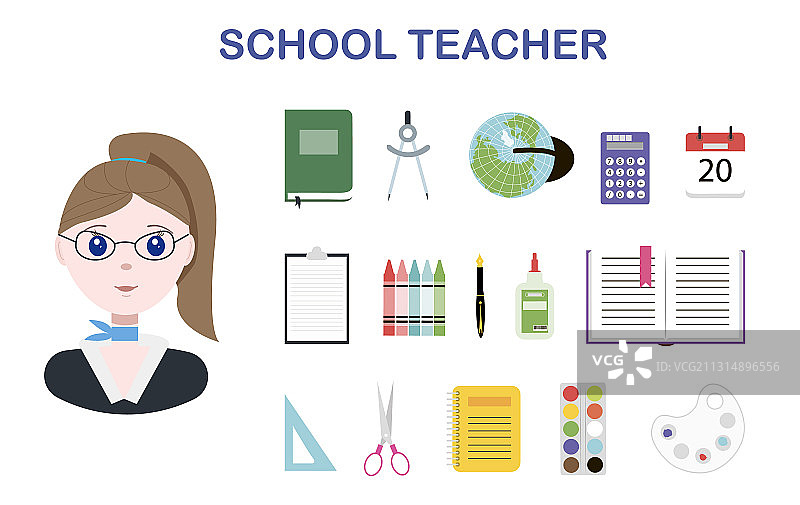 一位年轻的女教师和一套学校办公室用品图片素材