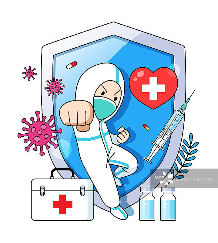 医生和盾牌疫苗等抗疫插画图片素材