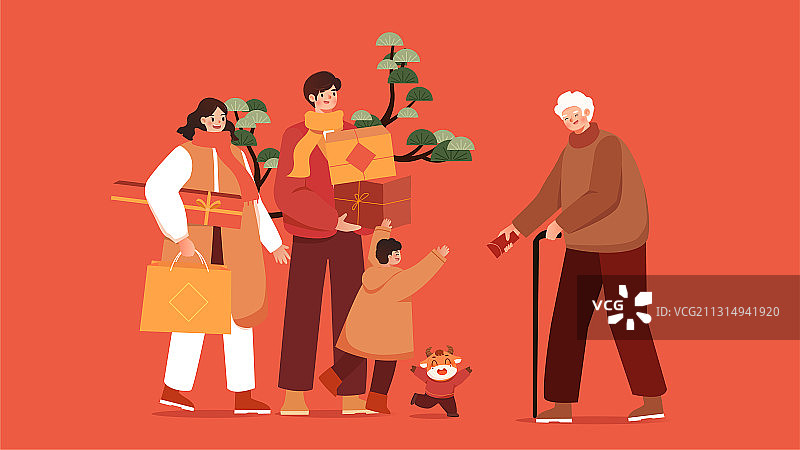 一家人回娘家拜大年送年货图片素材