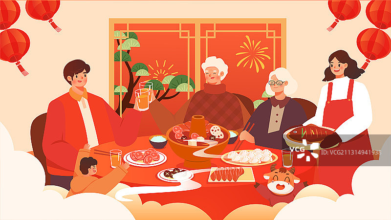 除夕夜一家人热热闹闹吃年夜饭图片素材