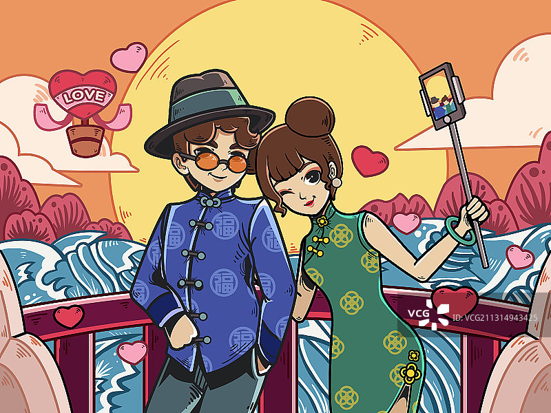 情人节 七夕节 情侣 自拍 夕阳 国潮 旗袍 唐装 浪漫图片素材