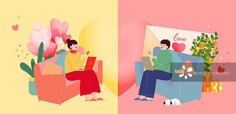 情侣朋友夫妻通过手机线上过情人节春节矢量插画横图图片素材