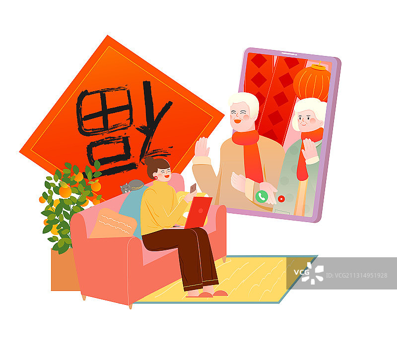 祖孙通过手机线上视频过春节元宵节除夕新年矢量插画元素图片素材