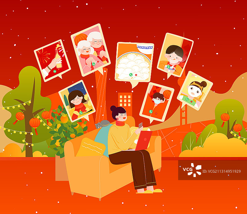 人们通过手机视频线上庆祝春节元宵节节日矢量插画方图图片素材