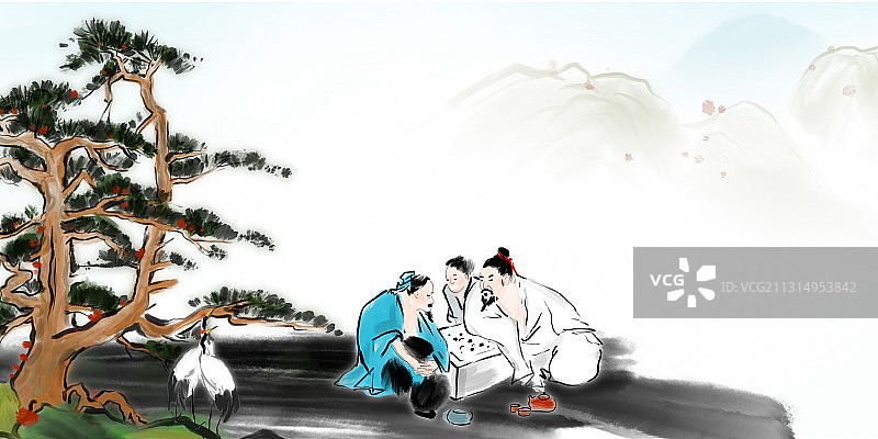 水墨人物画下围棋的人图片素材