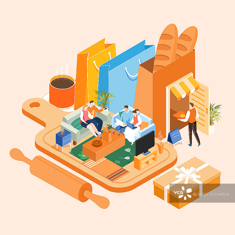 卡通2.5D等距美食餐饮电商促销商务房地产居家外卖矢量插画图片素材