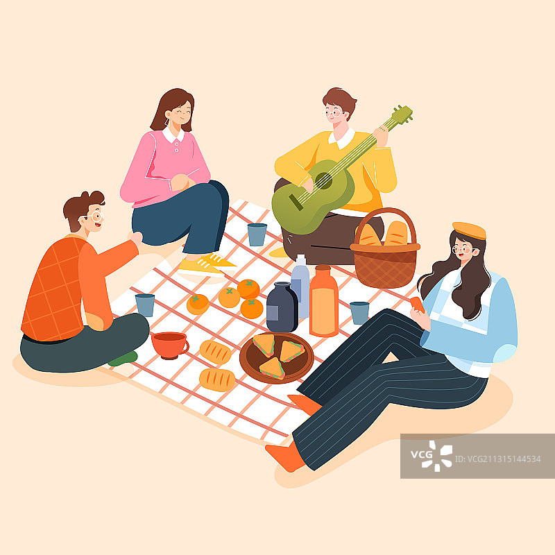 卡通春季立春春分节气朋友野餐美食亲子家人旅游自然风景矢量插画图片素材