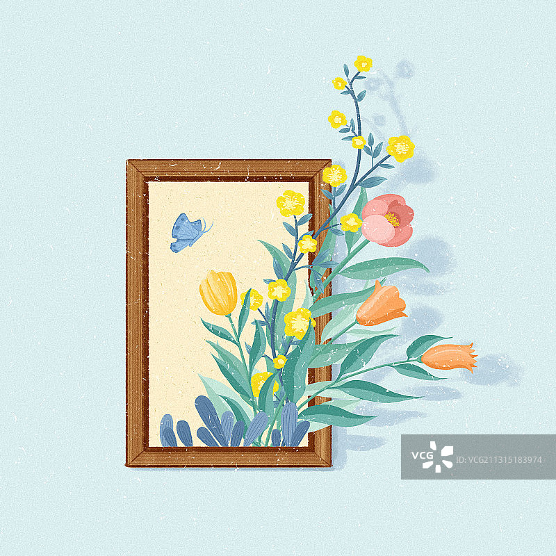 板绘平涂画框开花卉花束素材元素插画图片素材