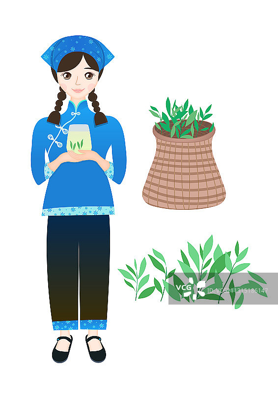 采茶女手捧玻璃茶叶水杯采茶背篓等矢量素材图片素材
