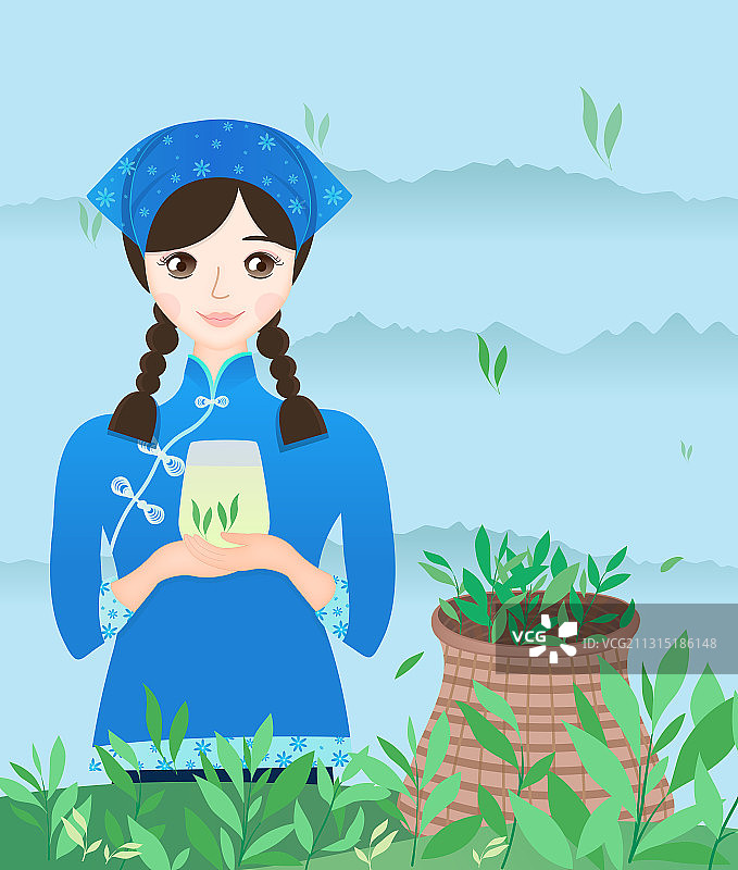 采茶女手捧玻璃茶叶水杯采茶背篓等矢量海报图片素材