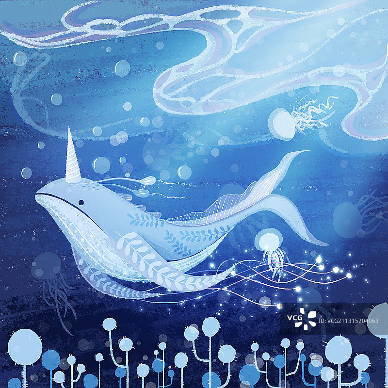 平涂海洋奇幻生物鲸鱼鲸灵水母素材元素插画图片素材