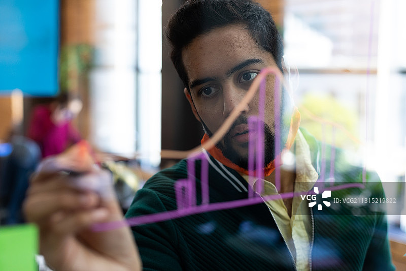 戴着口罩在办公室玻璃墙上绘制图表的混血男人图片素材