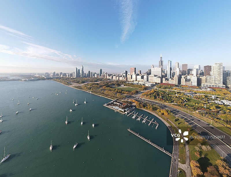 美国伊利诺伊州库克县芝加哥天际线航拍照片图片素材