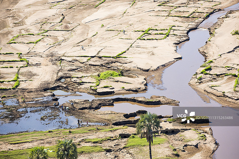 从空中俯瞰马拉维洪灾摧毁的农田，希雷河决堤，冲走牲畜和土壤，摧毁农作物图片素材