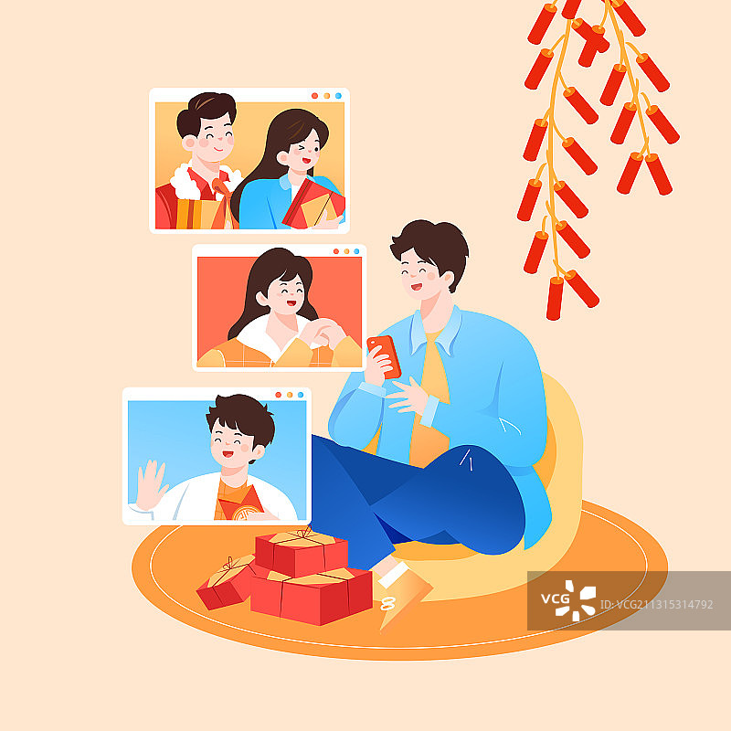 卡通新年春节异地就地过年视频通话问候亲友电商中国风矢量插画图片素材