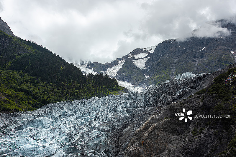 云南省迪庆州德钦县卡瓦格博峰最长的冰川明永冰川（明永恰）图片素材