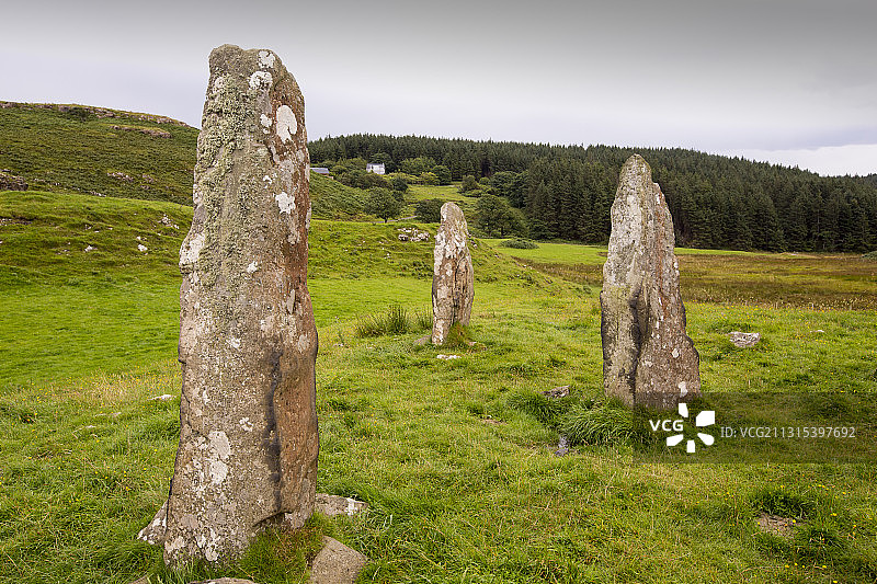 苏格兰马尔岛托伯莫里附近的格伦戈姆庄园上有着4000年历史的立石图片素材
