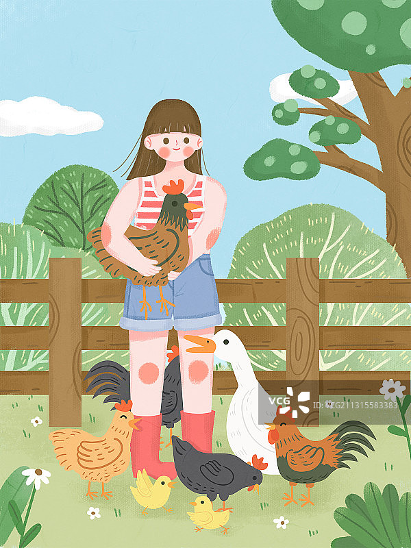 围绕着鸡鸭鹅的女孩清新插画图片素材
