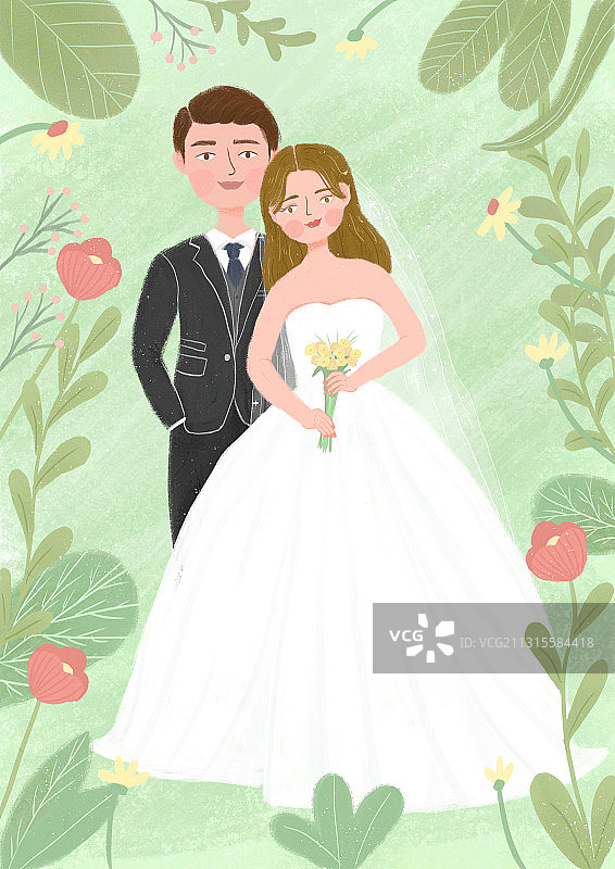 唯美婚纱照小清新插画图片素材