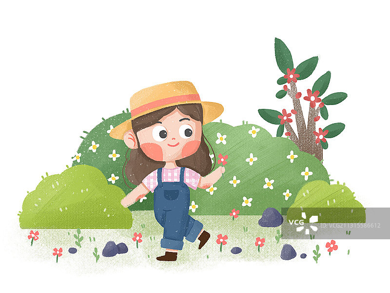 春天里的小女孩儿童插画图片素材