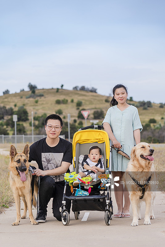 坐着婴儿车与爸爸妈妈一起遛狗散步图片素材
