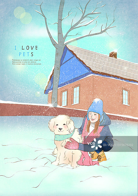 女人坐在雪地里抚摸狗插画图片素材