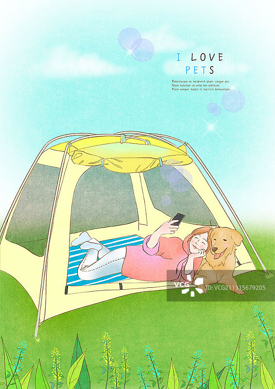 女士与宠物犬在帐篷自拍插画图片素材