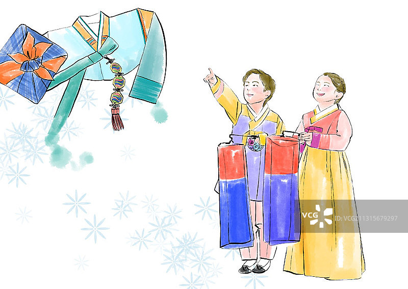 穿着韩服的男孩和女孩拿着传统灯笼，指向韩服和礼物的插画图片素材