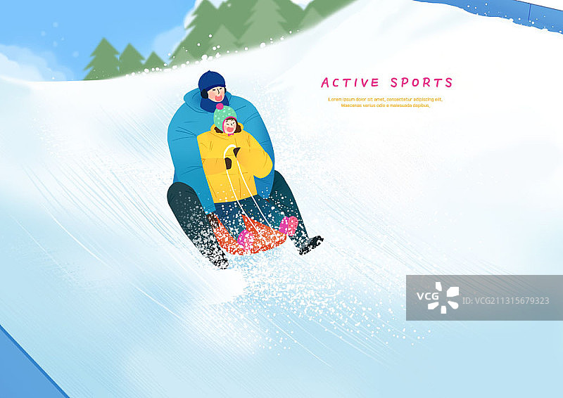 父女在雪坡上滑雪橇插画图片素材