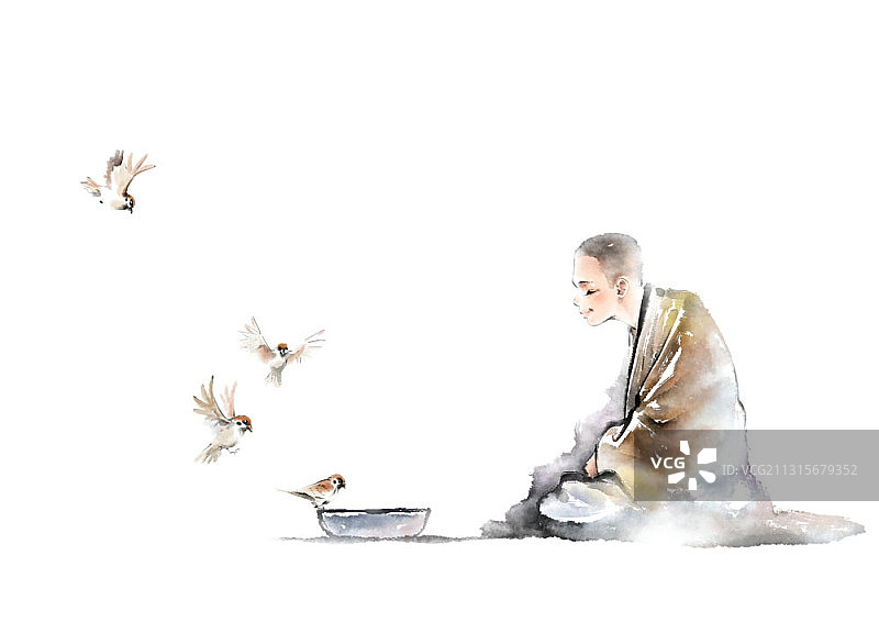 和尚坐在碗前与麻雀的中国水墨画图片素材