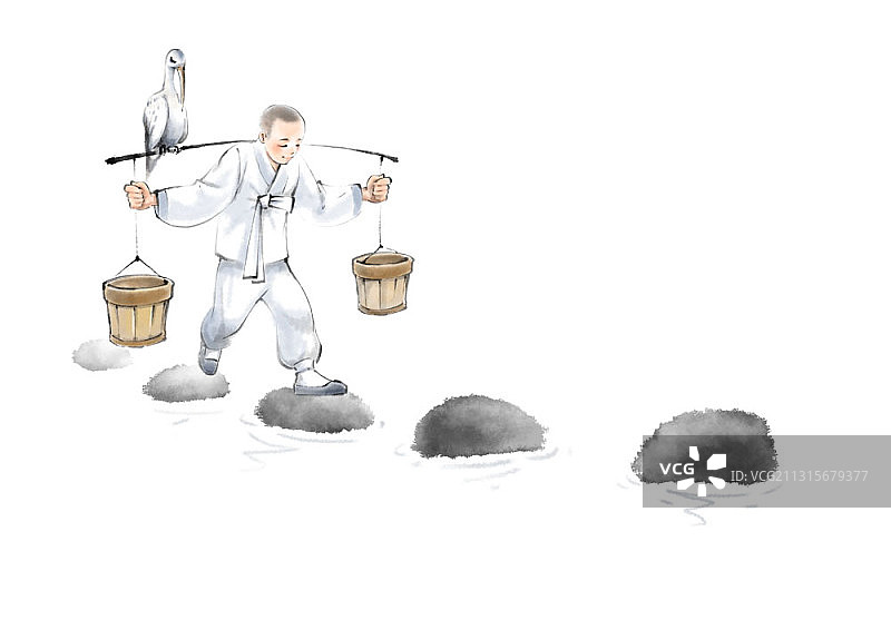 水墨画：僧人肩挑水桶过石桥图片素材