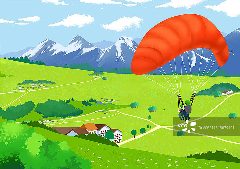 父子在山间玩滑翔伞插画图片素材