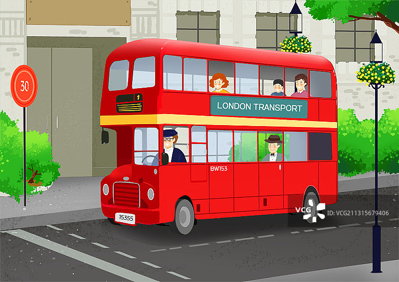 英国道路上双层巴士中的人们插画图片素材