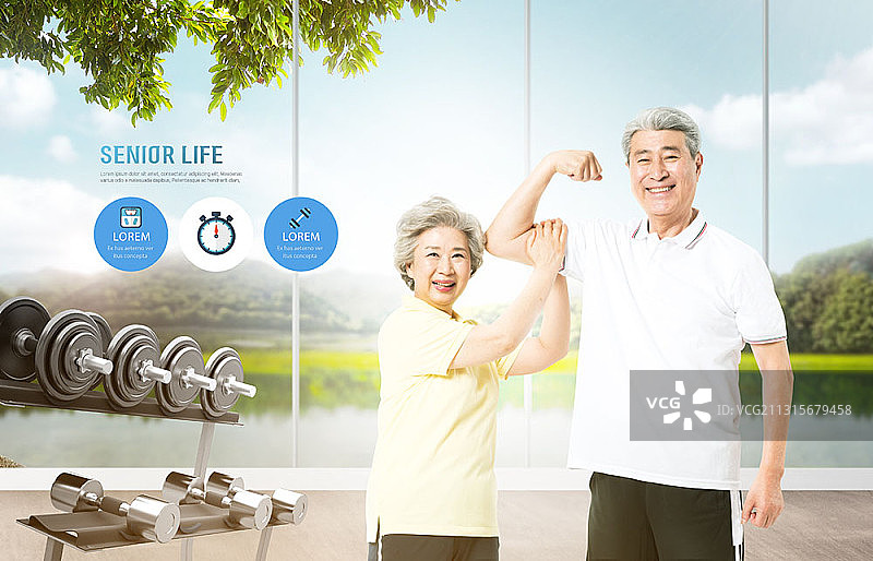 在健身房锻炼的老年夫妇图片素材