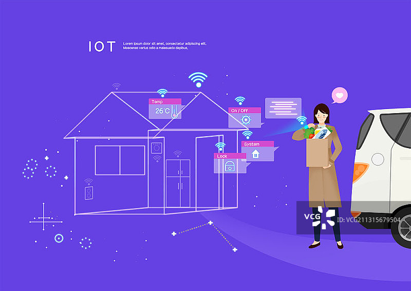 站在房子和汽车旁拿购物袋的女人插画图片素材