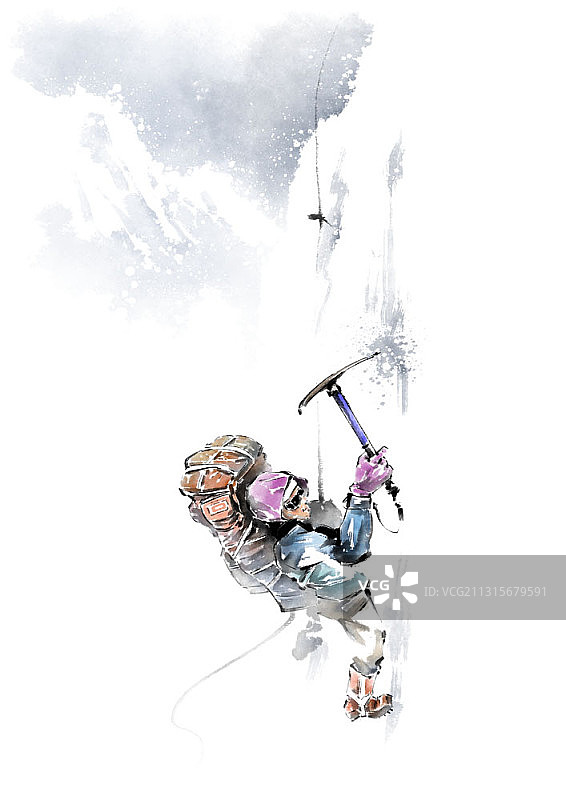 登山男子攀冰壁水墨画图片素材