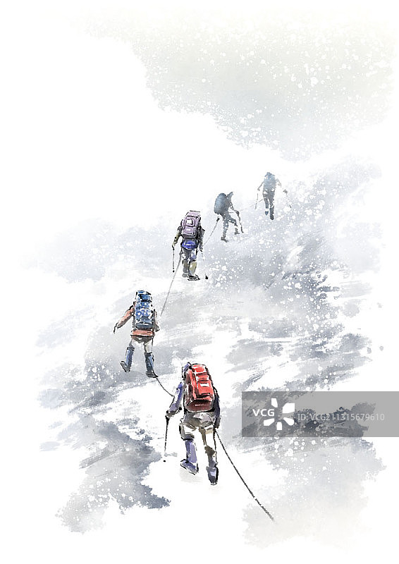 水墨画：雪山徒步登山图片素材
