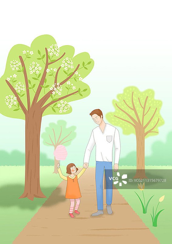 父女在公园牵手散步插画图片素材