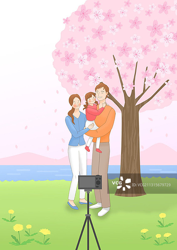 家庭在樱花树下河边用三脚架拍照插画图片素材