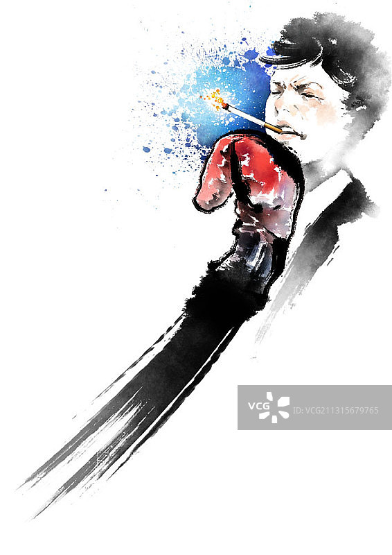 水墨画：戴拳击手套的手击打吸烟男子图片素材